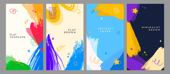 Poster - Vector illustration. Bright background. Paint brush strokes and hand drawn doodle elements. Trendy abstract color design elements for flyer, coupon, voucher, leaflet. Colorful childish style