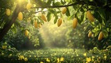 Lush cocoa plantation bathed in golden sunlight.  Clusters of cocoa pods hang from branches, amidst vibrant green foliage.  Soft, diffused light creates a peaceful atmosphere