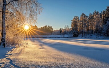 Poster - Winter sunrise illuminates a frozen lake, casting long shadows across the snow-covered landscape, with frost-covered trees framing the scene. : Generative AI