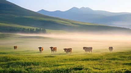Poster - Five brown cows graze peacefully in a misty green pasture, mountains silhouetted in the soft morning light. : Generative AI