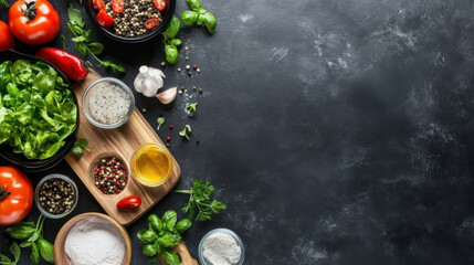 Poster - Fresh ingredients for a delicious salad: tomatoes, lettuce, basil, garlic, peppercorns, olive oil, and salt, arranged on a dark background with copy space. : Generative AI