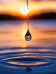 Fototapete - A single water droplet hangs suspended, about to fall into calm water, reflecting a vibrant sunset over a serene lake. The scene evokes tranquility and the beauty of nature's simple mo : Generative AI