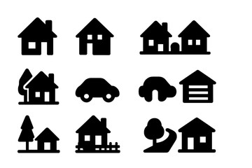 Poster - Vector icons representing various house types, vehicles, and trees in a cohesive black design for home-related themes