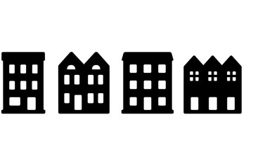 Poster - Collection of vector icons depicting various building shapes in simplified black silhouette style for design use