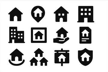 Poster - Collection of vector icons showcasing various representations of houses and real estate concepts in simple black design