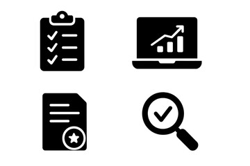 Poster - Vector icon set illustrating checklist, growth chart, document, and magnifying glass for productivity and analysis tools