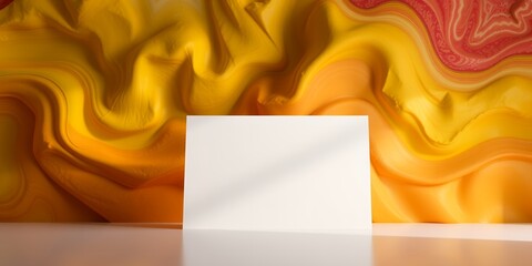 Poster - A blank white card stands against a backdrop of swirling yellow and orange fabric art