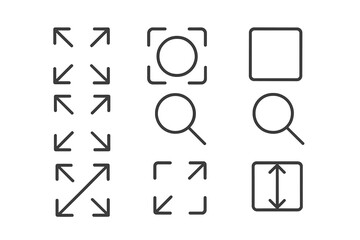 Fototapete - Vector icon set showcasing various arrows, shapes, and magnifying glass symbols for design applications