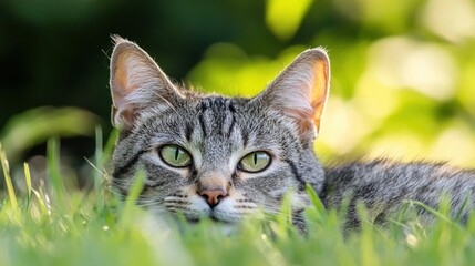 Aufkleber - A gray tabby cat with striking green eyes peers from the tall grass, sunlight illuminating its fur, creating a captivating outdoor portrait. : Generative AI