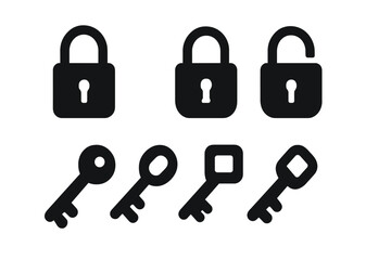 Poster - Vector icon set depicting locks and keys in black silhouette style for security and access representation