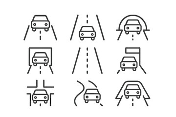 Poster - Vector icons representing various driving scenarios and road signs, illustrating common driving situations and navigation