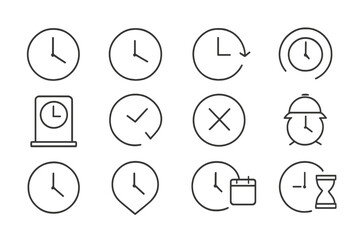 Poster - Collection of vector icons depicting various clock designs and time measurement symbols in minimalistic style
