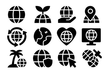 Vector icons representing global themes, environmental sustainability, and digital engagement suitable for web and mobile applications