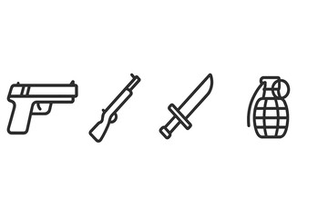 Poster - Vector icon set featuring various weapons including a handgun, rifle, knife, and grenade for graphic design purposes