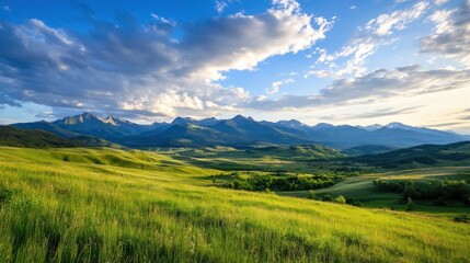 Poster - Serene sunset over rolling green hills and majestic mountain range, showcasing a breathtaking landscape panorama. : Generative AI