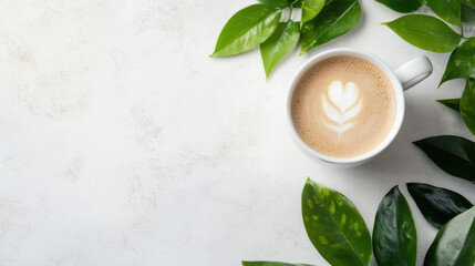 Aufkleber - A cup of cappuccino with latte art sits on a light textured surface, surrounded by vibrant green leaves, creating a serene and calming scene. : Generative AI
