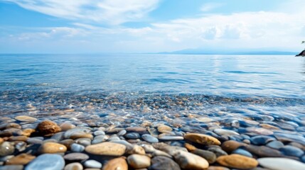 Poster - Serene coastal scene: crystal-clear water gently laps over smooth, colorful pebbles on a tranquil beach under a bright, summer sky. : Generative AI