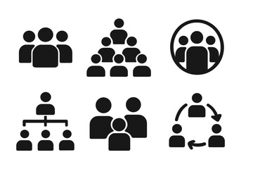 Poster - Vector icons depicting various group formations and interactions in black silhouette style