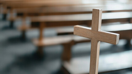 Aufkleber - A simple wooden cross stands prominently in the foreground, subtly blurred rows of church pews creating a peaceful, contemplative atmosphere. : Generative AI