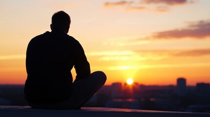 Poster - Silhouette of a man meditating on a rooftop at sunset, overlooking a city skyline bathed in warm, golden light. : Generative AI