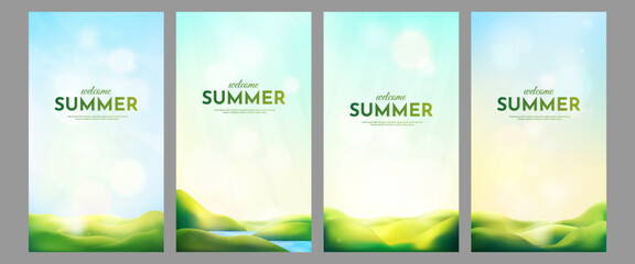 Wall Mural - vector illustration. set of 3d style natural landscape. green meadow and hills background. clear blu