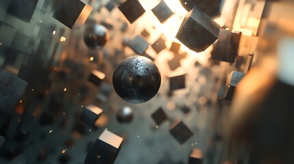 Poster - Abstract composition of floating textured spheres and cubes with bokeh effects