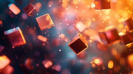 Poster - Abstract arrangement featuring floating iridescent cubes against a blurred backdrop