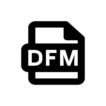 Illustration of a dfm file format icon with a black background and white text representing the file type