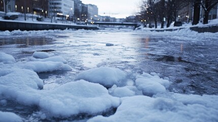 Poster - Frozen canal in a city, snow and ice chunks floating on dark water, buildings in the background, winter cityscape, cold weather scene. : Generative AI
