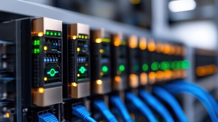 Poster - Illuminated servers with colored lights indicate data activity in a high-tech data center. Blue Ethernet cables connect each unit, emphasizing the network's complexity and functionality