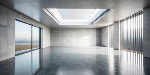  Spacious minimalist interior design with large windows, skylight, and polished concrete floor