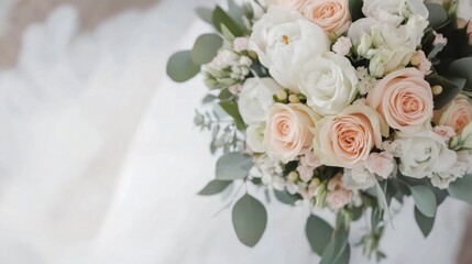 Poster - Elegant bridal bouquet featuring peach and white roses, peonies, and eucalyptus, perfect for wedding or event photography. : Generative AI