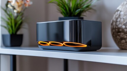 Aufkleber - A sleek electronic device featuring glowing orange accents rests on a clean white shelf, surrounded by decorative plants and contemporary decor in a modern living space