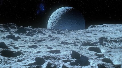 Wall Mural - Celestial panorama of a distant icy moon.