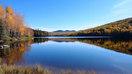 Poster - Serene autumn lake reflecting colorful foliage and mountains under a clear blue sky, a picturesque landscape ideal for nature lovers and travel photography. : Generative AI