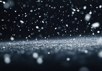 Poster - Silver glitter surface with falling snow, creating a magical winter scene perfect for holiday cards or festive backgrounds. : Generative AI