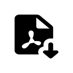 Poster - Black document icon with folded corner and adobe symbol alongside a download arrow pointing down icon