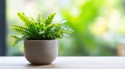 Aufkleber - A vibrant green fern plant thrives in a light grey concrete pot, sitting on a wooden surface against a blurred green background. : Generative AI