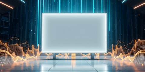 Poster - Glowing rectangle frame on a futuristic stage with blue vertical lines in the background