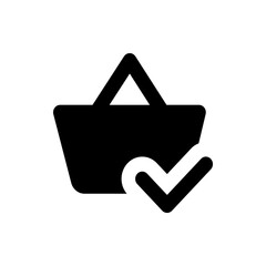 Poster - Black shopping bag icon with a check mark indicating a completed or successful purchase process flow icon