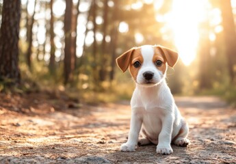 Poster - Adorable Jack Russell Terrier puppy sitting on a forest path, bathed in golden sunlight, looking directly at the camera. : Generative AI