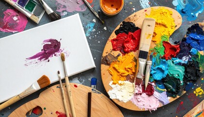Poster - Creative painting techniques art studio visual content bright environment overhead view artistic expression