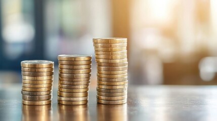 Poster - Three stacks of gold coins on a table, increasing in height, represent growth, savings, or financial success against a blurred background. : Generative AI