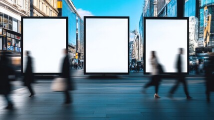 Poster - Three blank billboards stand on a city street, showcasing advertising space amidst blurred pedestrians, offering a vibrant urban backdrop for commercial promotions. : Generative AI