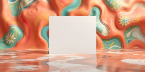 Poster - A blank white square on a reflective surface with an orange and teal patterned background