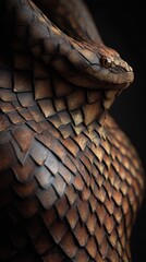 Poster - Detailed sculpture of a textured snake showcasing intricate craftsmanship and realistic features in a dark environment