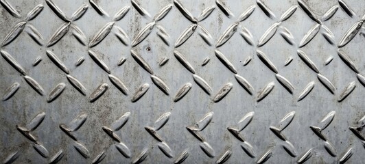 Poster - Closeup view of a weathered, diamond-plate steel surface, showing texture and subtle discoloration from age and use.  The metal's pattern is clearly visible, offering a gritty industri : Generative AI