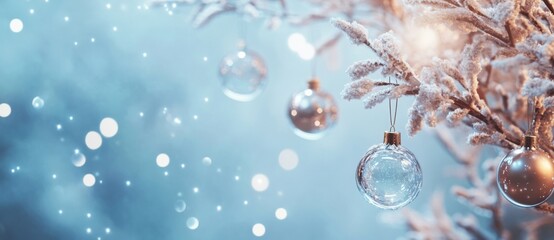 Poster - Elegant glass ornaments hang from a snow-covered branch, creating a serene winter wonderland scene with soft blue bokeh lights. : Generative AI