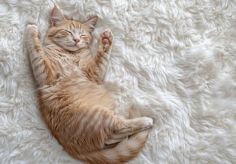Poster - Adorable ginger kitten peacefully sleeping on a fluffy white rug, paws raised in a relaxed pose.  Soft, warm lighting enhances the cozy scene. : Generative AI