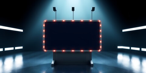 Poster - Illuminated sign with red lights in a dark room with spotlights and reflective floor